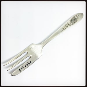 I LOVE CAKE hand stamped vintage cake fork. Personalised cutlery. Beautiful Gift. Retro. High tea