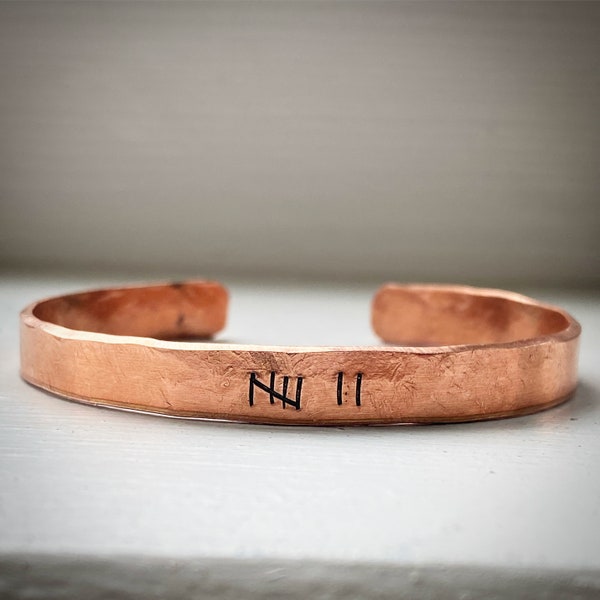 PERSONALISED 7 year tally mark copper Hand stamped bracelet cuff bangle. Traditional 7th Anniversary Husband Wife gift Hidden message