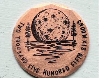 7 year Wedding Anniversary gift. Reclaimed copper Traditional 7th gift. Personalised moon pocket  keepsake coin for Husband Wife
