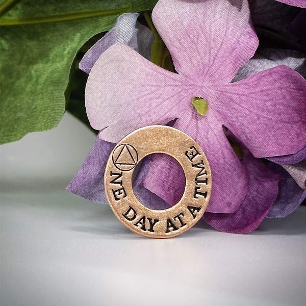 One Day At A Time. Sobriety token chip AA gift Hand stamped Sober alcohol free Recovery Talisman keychain coin copper pocket token keepsake