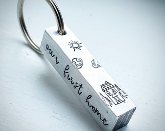 Personalised 4 sided bar keychain. Our New Home. Our First home. House keys. Custom housewarming moving gift