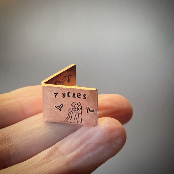 PERSONALISED Traditional 7th 9th copper wedding anniversary card keepsake. Extra small miniature cute hand stamped initials and date