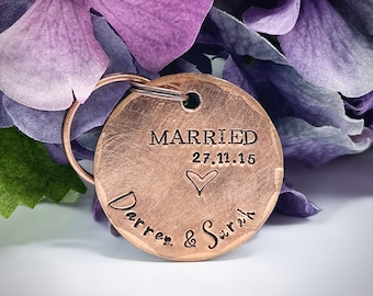 PERSONALISED Traditional copper 7th 9th 22nd wedding anniversary gift couples names and date. Custom Keychain keepsake married