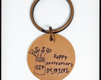 HAPPY ANNIVERSARY Hand stamped. 8th solid bronze wedding Anniversary gift. keychain. key ring. Gift for her, him. Personalised date initials