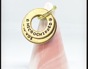 MICROCHIPPED Pet ID tag. Personalised dog, cat name, phone number and postcode tag. Hand stamped washer.
