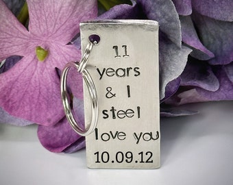 Personalised 11 Years & I Steel Love You. Hand stamped 11th Wedding Anniversary gift keychain key ring Gift for her him custom date