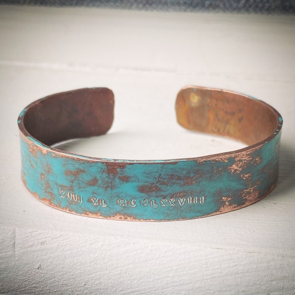 PERSONALISED aged verdigris copper Hand stamped bracelet cuff bangle Wedding anniversary birthday Husband Boyfriend gift Roman numerals