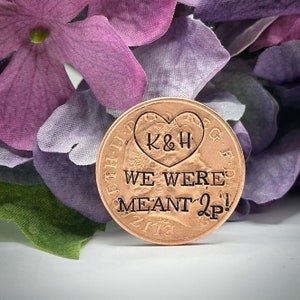 Funny We Were Meant To Be. 2nd 7th 8th 9th 22nd traditional copper bronze wedding anniversary LUCKY PENNY 2p coin Keepsake initials Pun