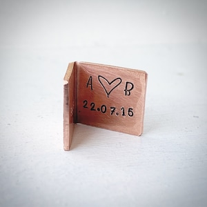 PERSONALISED Traditional 7th 9th copper wedding anniversary card keepsake. Extra small miniature cute hand stamped initials and date image 3