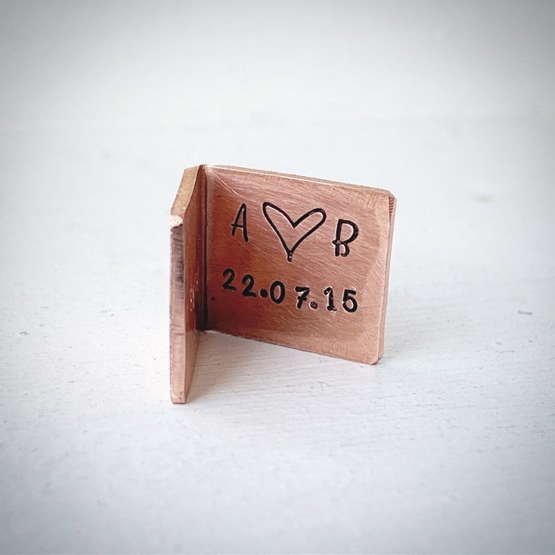 PERSONALISED Traditional 7th 9th copper wedding anniversary card keepsake. Extra small miniature cute hand stamped initials and date image 3