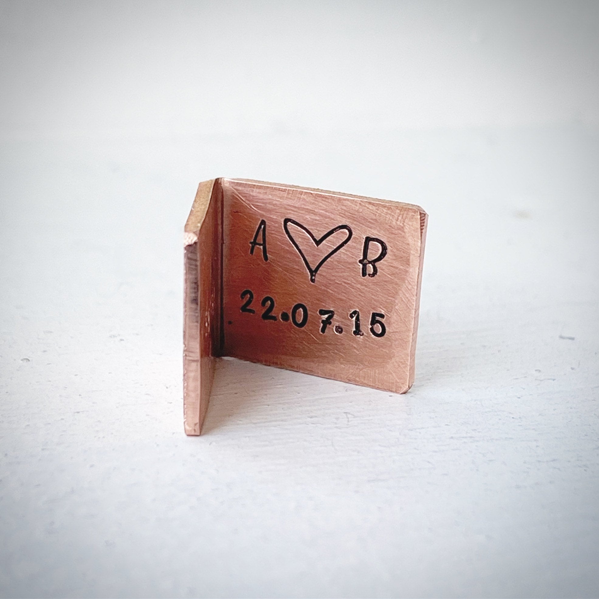 PERSONALISED Traditional 7th 9th 22nd copper wedding anniversary card keepsake. Extra small miniature cute hand stamped initials and date
