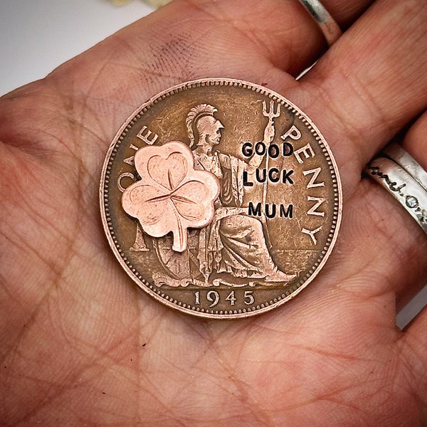 Personalised GOOD LUCK clover shamrock vintage old One Penny Custom hand stamped coin lucky charm Pocket token Anniversary birthday gift