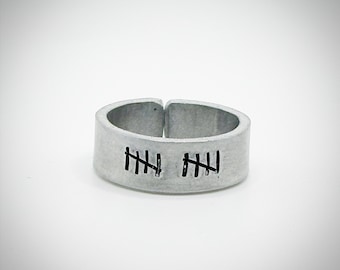 10 year tally mark Hand stamped Aluminium ring Traditional 10th wedding anniversary gift Unique one of a kind jewellery Open back adjustable
