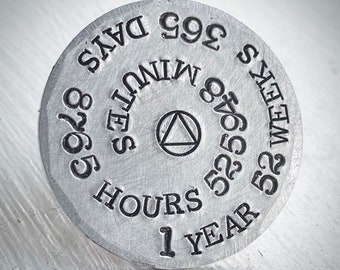 1 year 365 days Milestone Sobriety Recovery token chip gift Personalised hand stamped 12 months Sober alcohol free Talisman medallion coin