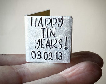 Happy Tin Years PERSONALISED 10 Years wedding anniversary card keepsake Extra small miniature cute hand stamped Custom traditional 10th gift