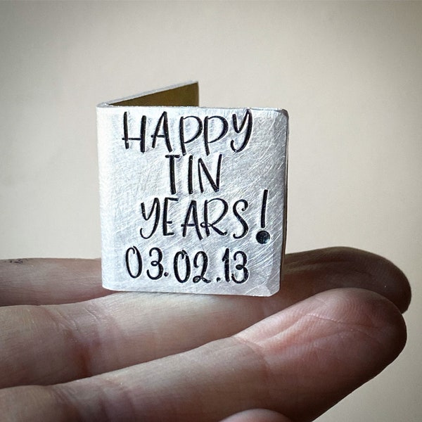 Happy Tin Years PERSONALISED 10 Years wedding anniversary card keepsake Extra small miniature cute hand stamped Custom traditional 10th gift