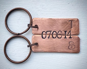 Matching Couples initials & special date secret message Hand stamped bronze gift keychain. Perfect 8th 19th wedding anniversary keepsake