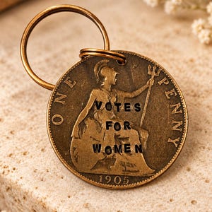 May include: A bronze-toned metal keyring featuring a vintage British one penny coin dated 1905. The coin depicts a seated figure holding a trident and shield, with the stamped black text "VOTES FOR WOMEN" clearly visible across the centre of the coin.