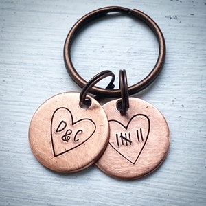 Extra Small 7 year Tally hash mark & initials Reclaimed copper Hand stamped 7th traditional wedding Anniversary gift keychain husband wife
