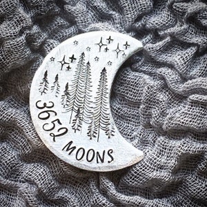 10 year Wedding Anniversary unusual gift. Aluminium Tin Hand stamped traditional 10th gift pocket token coin Personalised Crescent moon