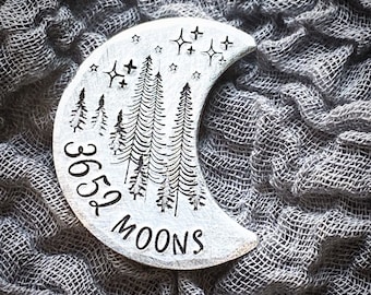 10 year Wedding Anniversary unusual gift. Aluminium Tin Hand stamped traditional 10th gift pocket token coin Personalised Crescent moon
