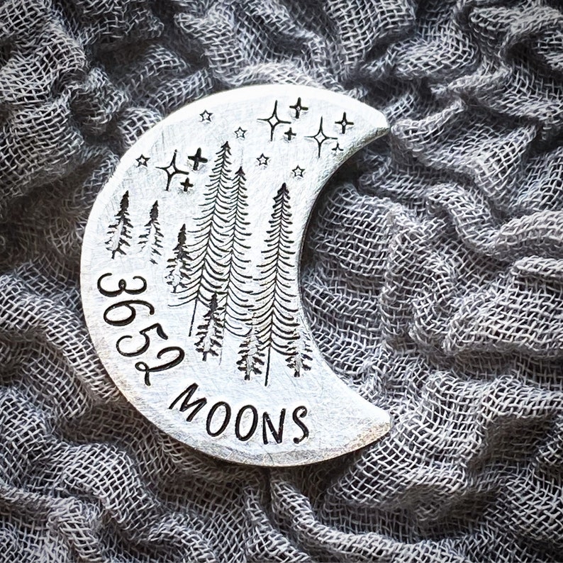 10 year Wedding Anniversary unusual gift. Aluminium Tin Hand stamped traditional 10th gift pocket token coin Personalised Crescent moon image 1