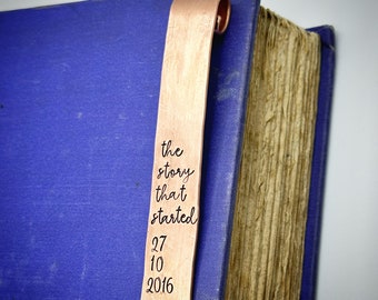 The Story That Started…PERSONALISED date copper traditional 7th 9th 22nd wedding anniversary bookmark. Hand stamped unique recycled gift