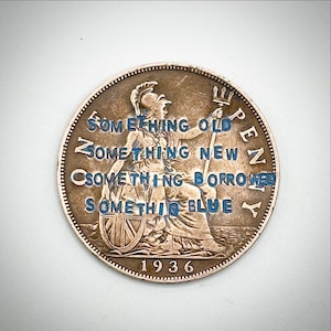 Etwas altes neues geliehenes blaues Vintage-Penny-Münzengeschenk zum Hochzeitstag. Glücksbringer. Brautparty. Liebesbeweis im Taschenformat. Personalisiert