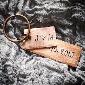 PERSONALISED Initials and date. Hand stamped. 7 year wedding gift keychain. Copper key ring. 7th anniversary