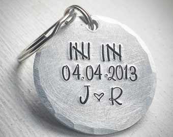 Tally mark 10 years tin aluminium Hand stamped 10th wedding Anniversary gift keychain. key ring. Gift Personalised date & initials
