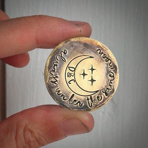 Always Under The Same Moon. Personalised love pocket token Custom hand stamped lucky charm Long distance military army husband wife gift