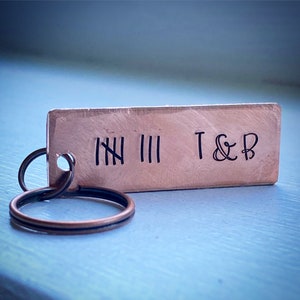 Reclaimed bronze tally hash mark Hand stamped 8th bronze wedding Anniversary gift keychain. key ring. Gift Personalised initials