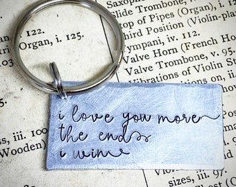 I Love You More. Reclaimed metal Hand stamped 7th 8th 10th 21st wedding Anniversary gift keychain. Copper, bronze, aluminium