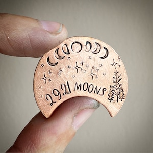 8 year Wedding Anniversary unusual gift. Reclaimed bronze Hand stamped traditional 8th gift pocket token coin Personalised Crescent moon