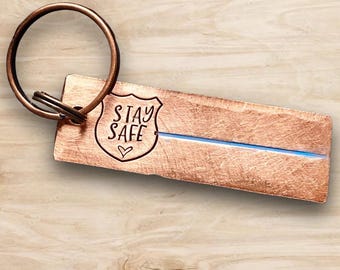 PERSONALISED Stay Safe Blue Line Police Badge Officer Law Enforcement Hand stamped copper keychain Anniversary Birthday graduation gift