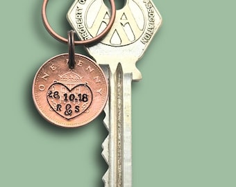 7 year Wedding anniversary LUCKY. Personalised Hand stamped traditional copper 7th Keepsake Love heart initials and date