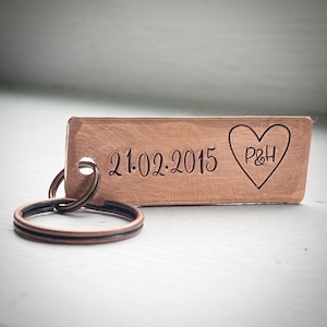 Reclaimed PERSONALISED date and couples initials bronze Hand stamped 8th 19th bronze wedding Anniversary gift keychain. key ring