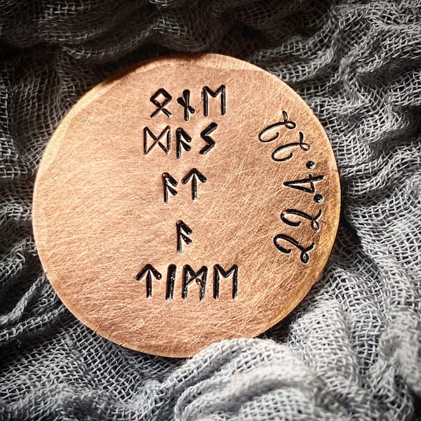 Personalised One Day At A Time Ancient Norse Viking Runes Sobriety token, chip gift. Custom hand stamped Recovery medallion coin.