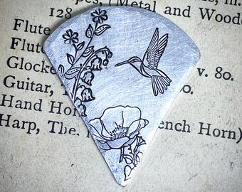 PERSONALISED Hand stamped aluminium plectrum.  Guitar pick. Floral hummingbird. Birthday Christmas Gift for him, her.