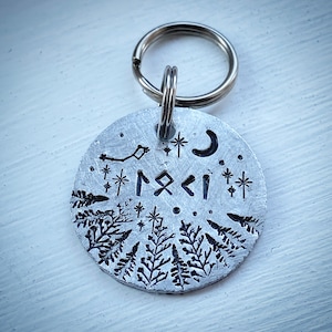 Viking Runes Pet ID tag. Custom dog, cat pet tag. Hand stamped. Double sided phone number. Ancient writing. Moon & stars