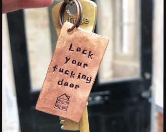 Lock Your Fucking Door. Hand stamped gift. Keychain. Copper key ring. SSDGM. My favourite murder. Murderino. College teen feminist gift