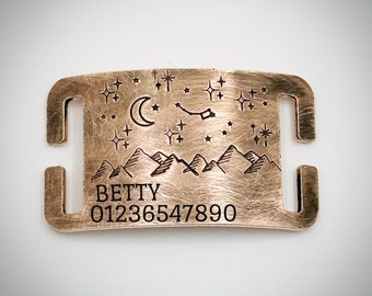 Aged copper mountain scene Curved Collar Slide Pet Dog Puppy ID tag. Name and number