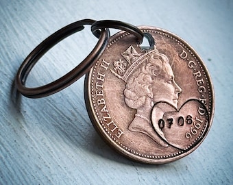 PERSONALISED Choose Your Year 2p Wedding Anniversary 50th 40th 21st Birthday special date LUCKY PENNY Keychain Key ring Hand stamped coin