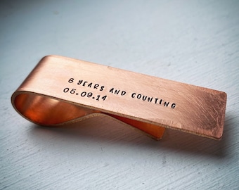 PERSONALISED money clip. Bronze wedding anniversary. Gift for him husband Dad. 8th 19th hand stamped gift