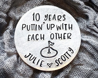 Hand stamped traditional 10th wedding anniversary Gift for him her Golf ball marker. 10 year keepsake funny personalised couples present