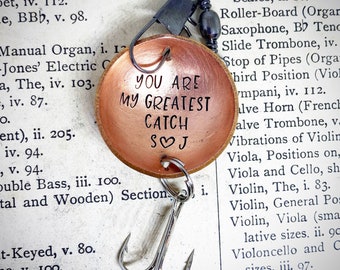 Personalised hand stamped fishing lure. Unique bronze Custom 8th 19th Wedding Anniversary, Birthday, Christmas, fisherman gift.