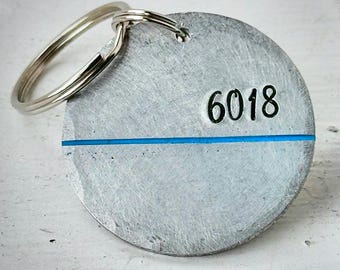 Blue Line PERSONALISED Police Officer Law Enforcement Hand stamped aluminium keychain Anniversary Birthday graduation gift