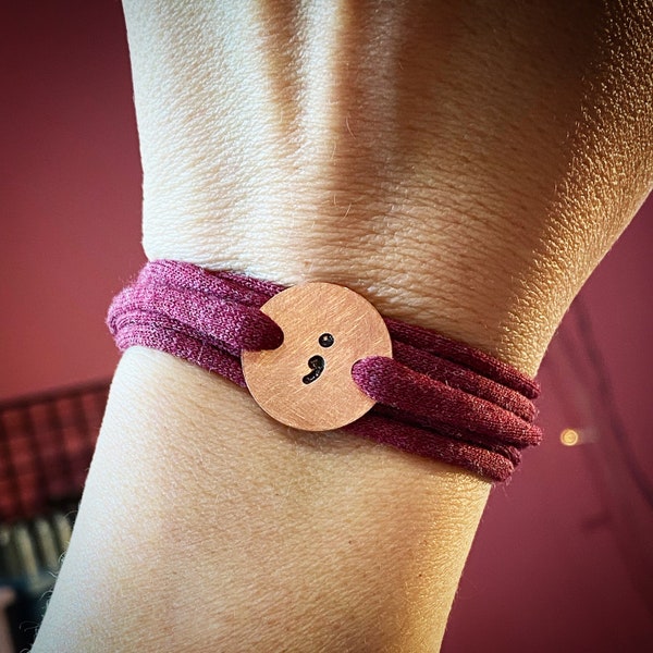 Semicolon charm wrap bracelet. Custom hand stamped stretch copper cuff. Suicide, mental health awareness jewellery.