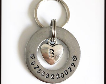 Pet ID phone number and initials charm tag. Personalised dog, cat tag. Hand stamped washer. Microchipped