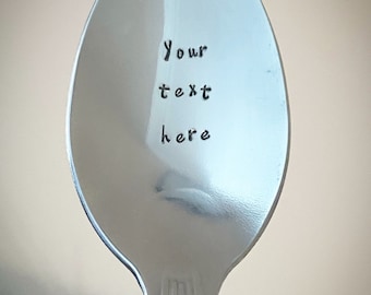 PERSONALISED spoon, Customised Cutlery. Design your Own teaspoon, dessert spoon. Your text. Hand stamped Engraved Custom unique gift